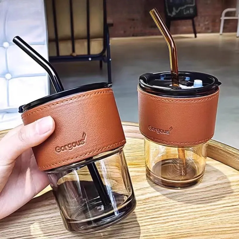 Tasse en verre avec couvercle et pailles anti-fuite