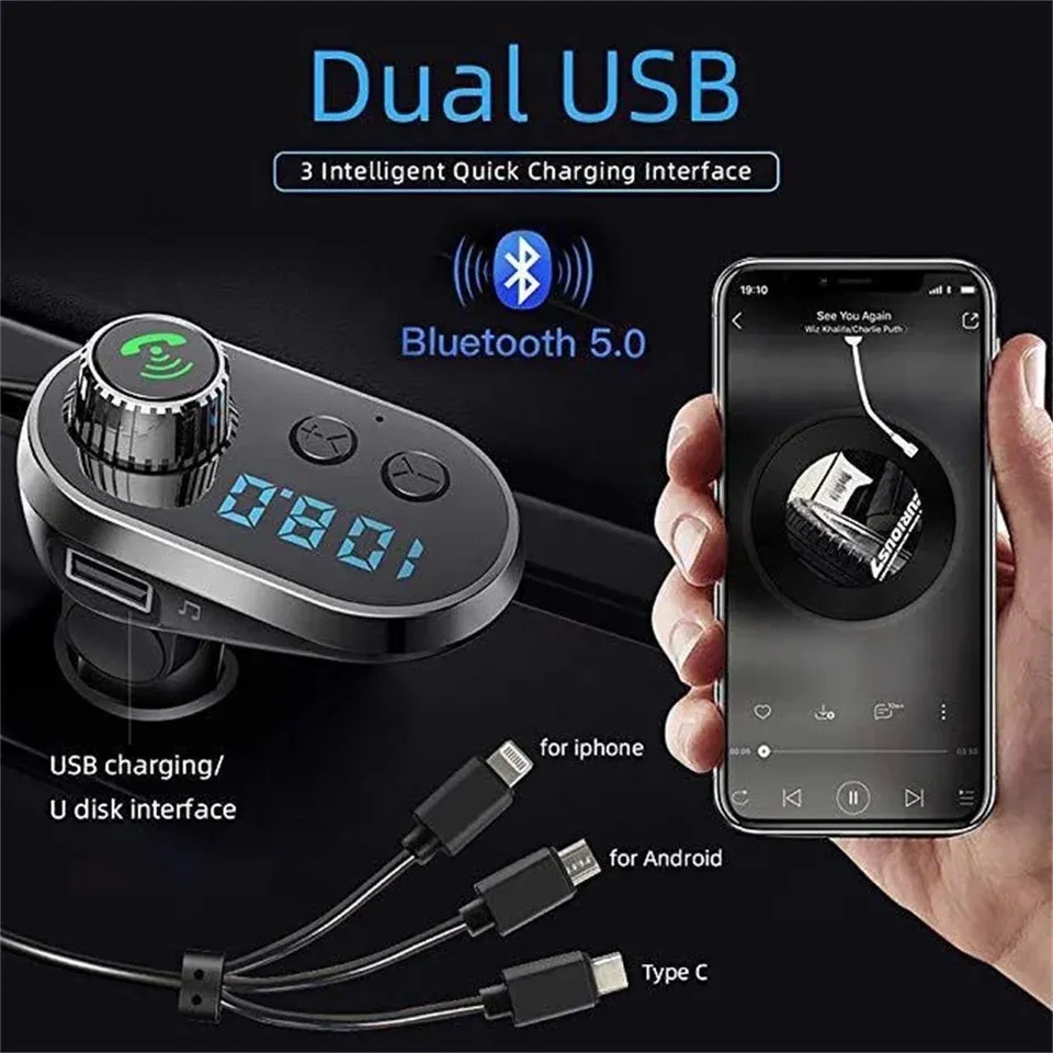 Q15 Car Handsfree Wireless Bluetooth 5.0 Kit FM Transmitter Car LCD Display MP3 Player USB Charger FM Modulator Car Accessories